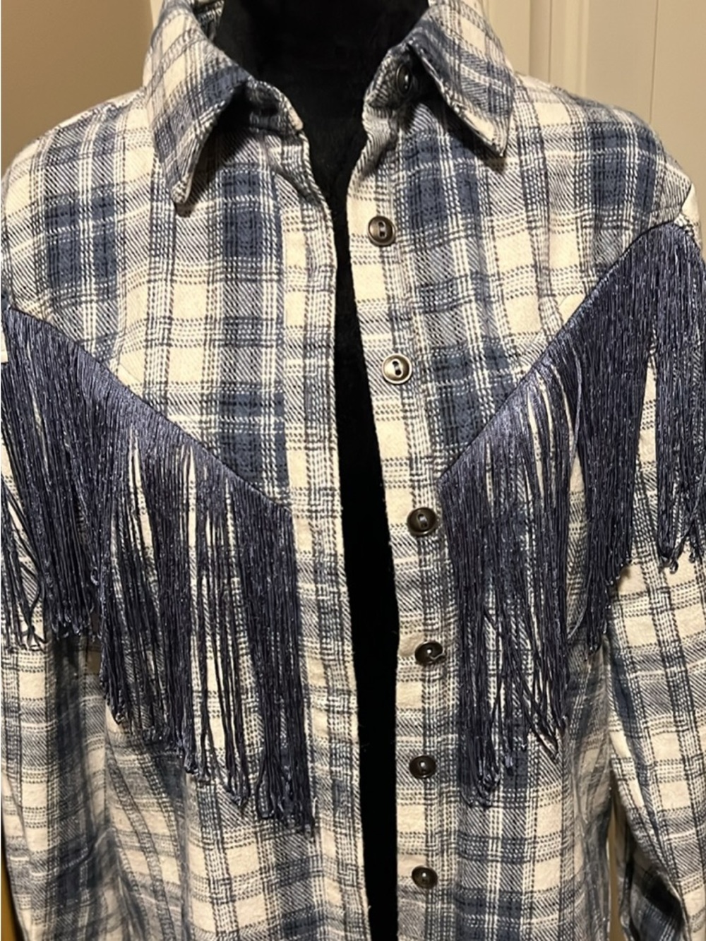 Men's Blue and White Plaid Fringe Western Shirt Jacket